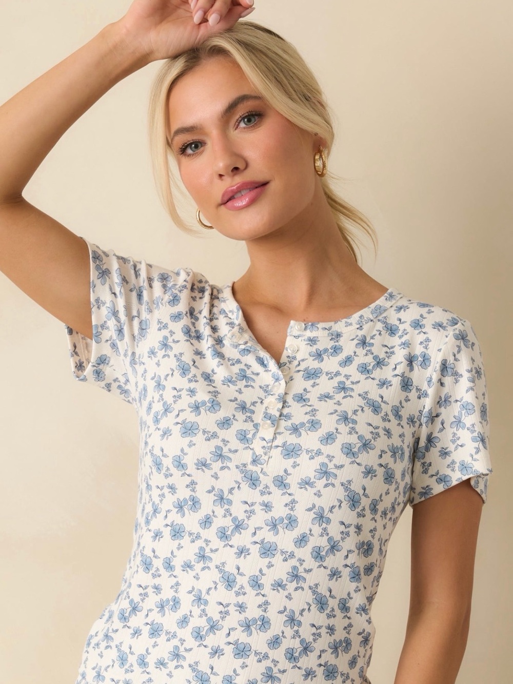Z SUPPLY Faye Ditsy Floral Henley Top Blue White Size L